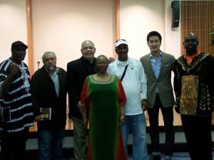 Our Esteemed Ogboni members: Gary Johnston, Jason Koo, Jesus Papaleto Melendez, and William S. Peters, Sr. with Co-Moderator, Robert Gibbons and Lorraine Currelley, Founder/Director Poets Network & Exchange